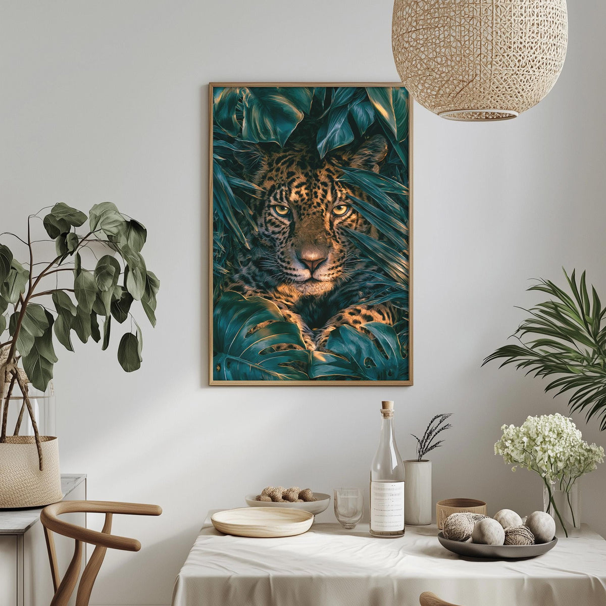 a framed photograph of a leopard resting on a bed of green leaves, hanging on a wall above a dining table with various decorative items and plants.