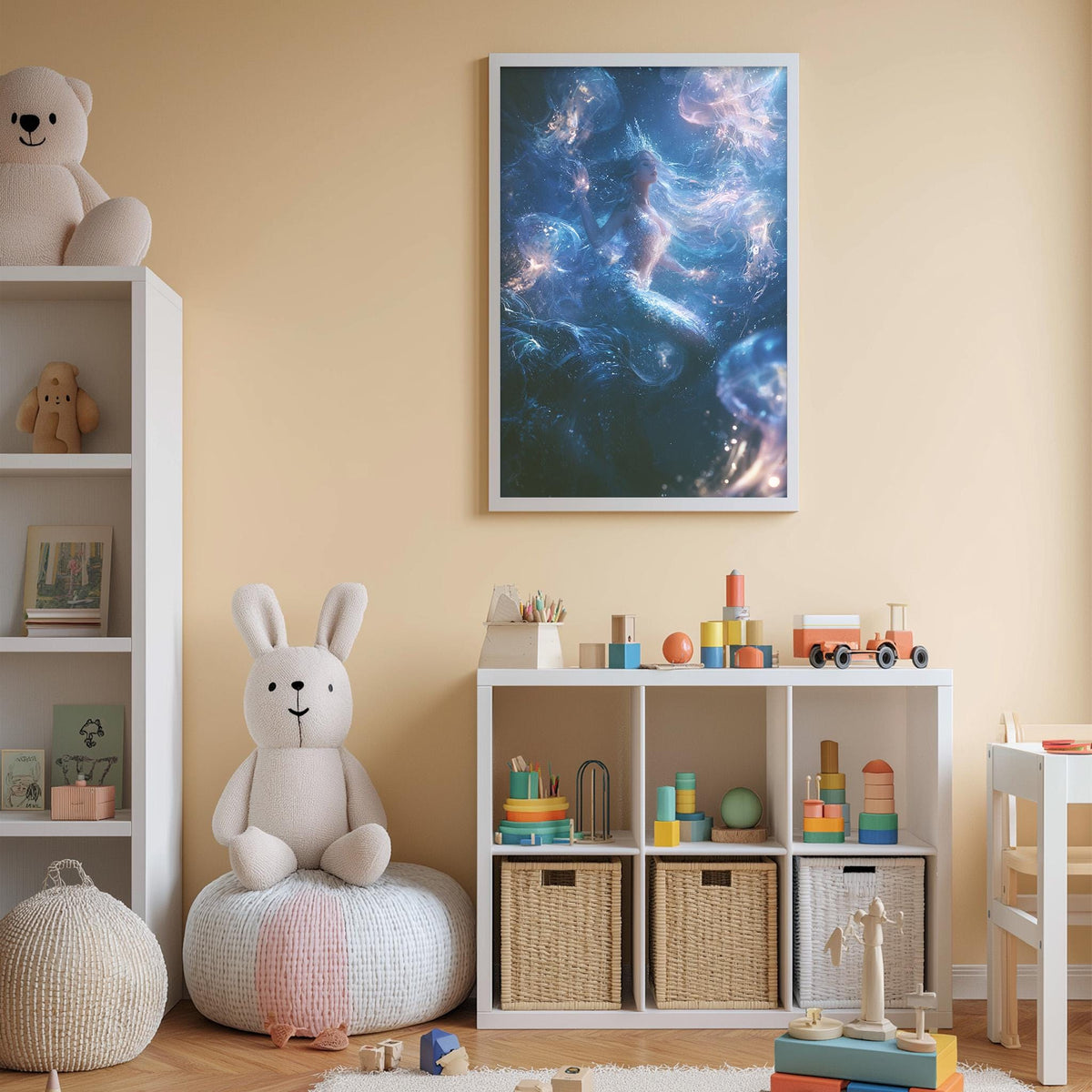 A cozy children's room with a large stuffed bunny, a bookshelf, and a toy chest filled with toys. The walls are painted a light peach color, and a framed picture of a galaxy hangs above the bookshelf.