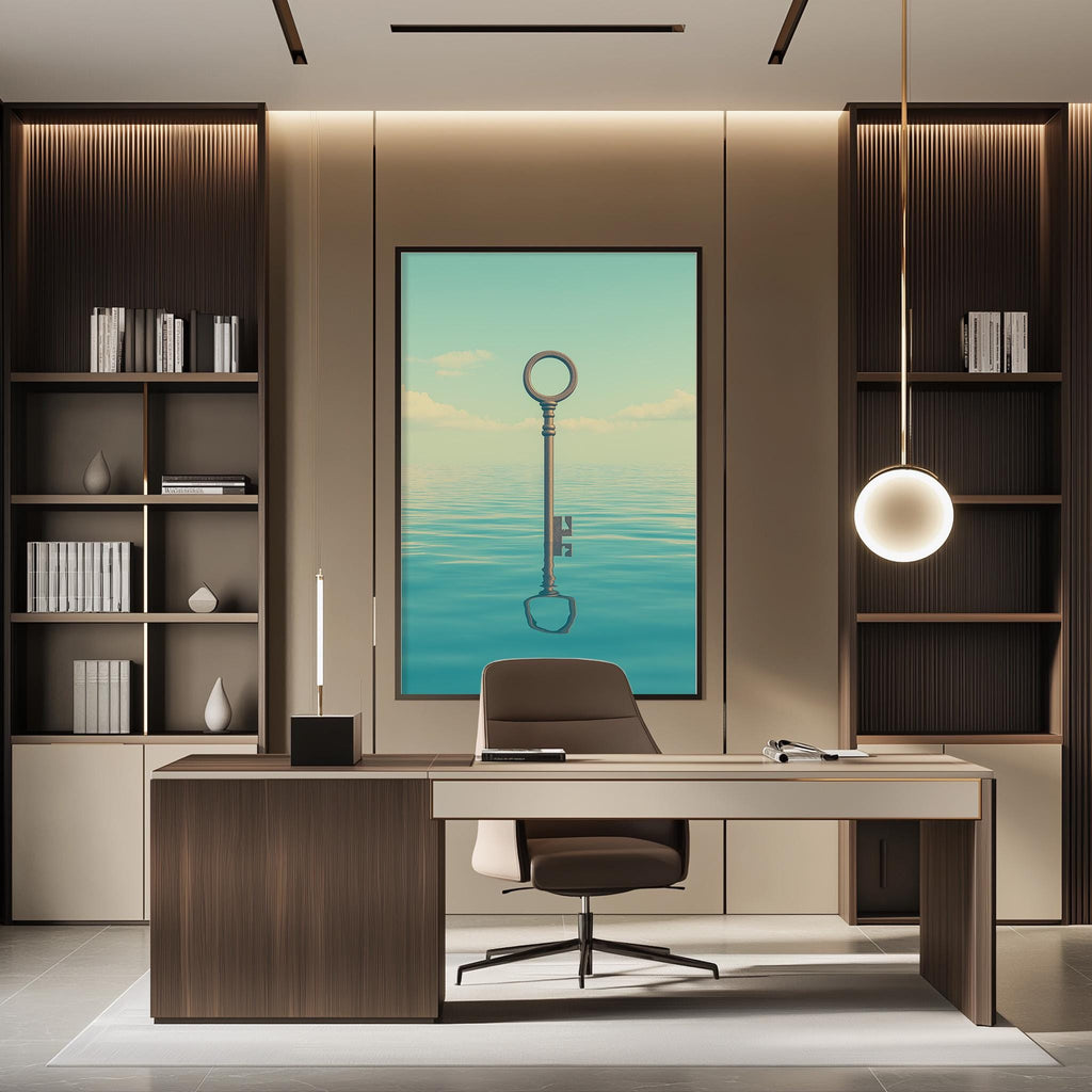 a modern and minimalist office space with a large abstract painting of a key floating in the center of the room. The office features a wooden desk, a comfortable chair, and a bookshelf filled with books and decorative items.