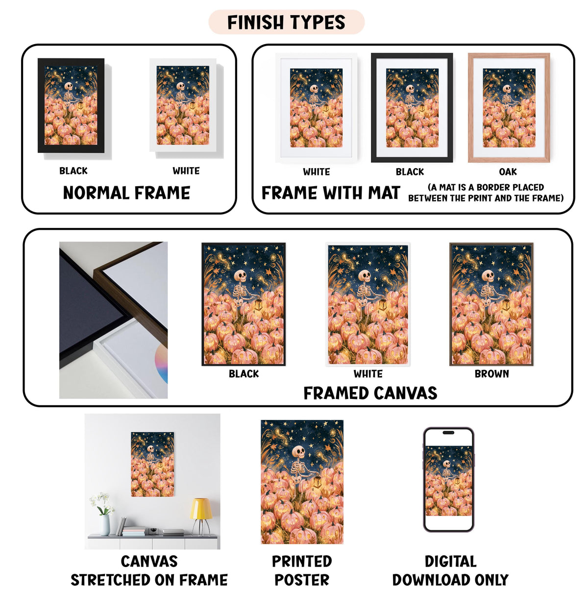 various types of artwork, including paintings, framed prints, and digital art, each with different finishes and frame styles.