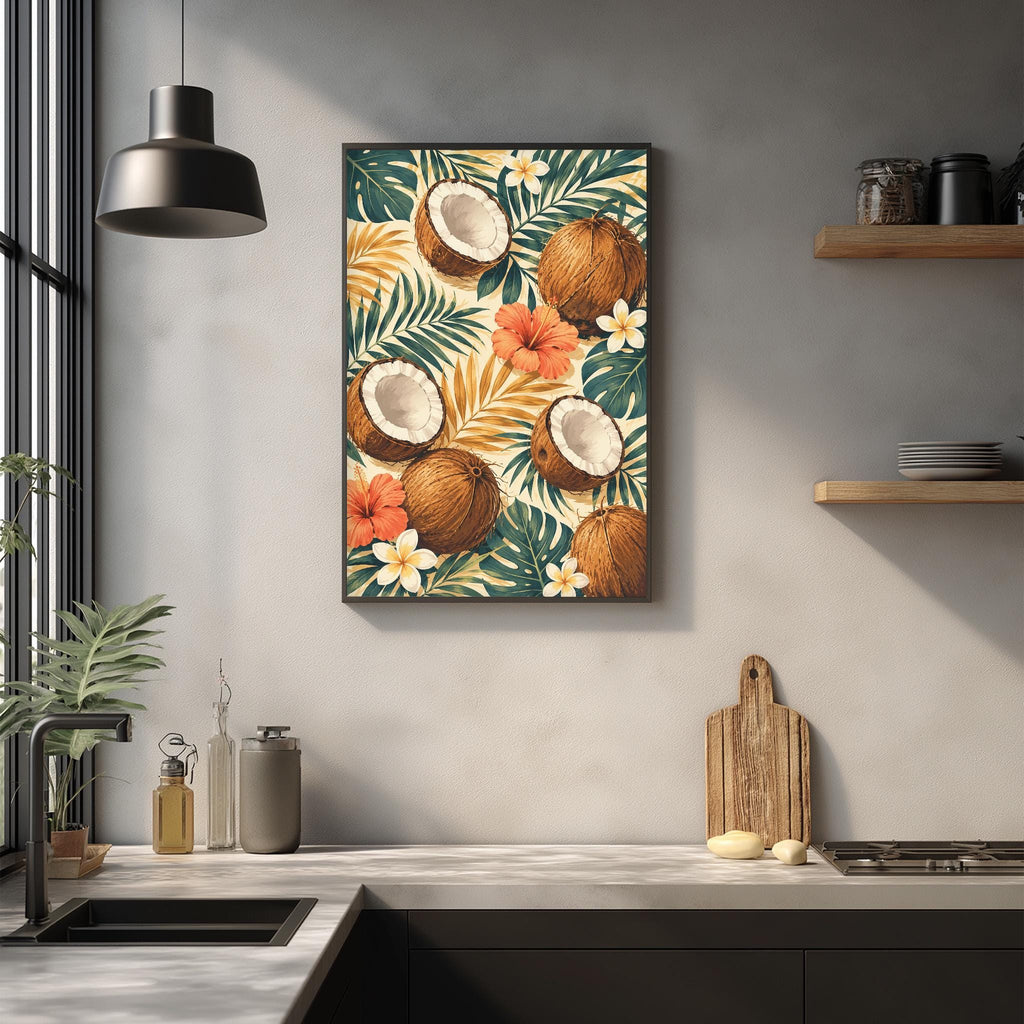 a kitchen counter with a framed print of tropical fruits and flowers hanging on the wall above it. The print includes several halved coconuts, along with other tropical elements such as flowers and leaves. The kitchen counter also has various items on it, including a cutting board, a soap dispenser, and a bottle.
