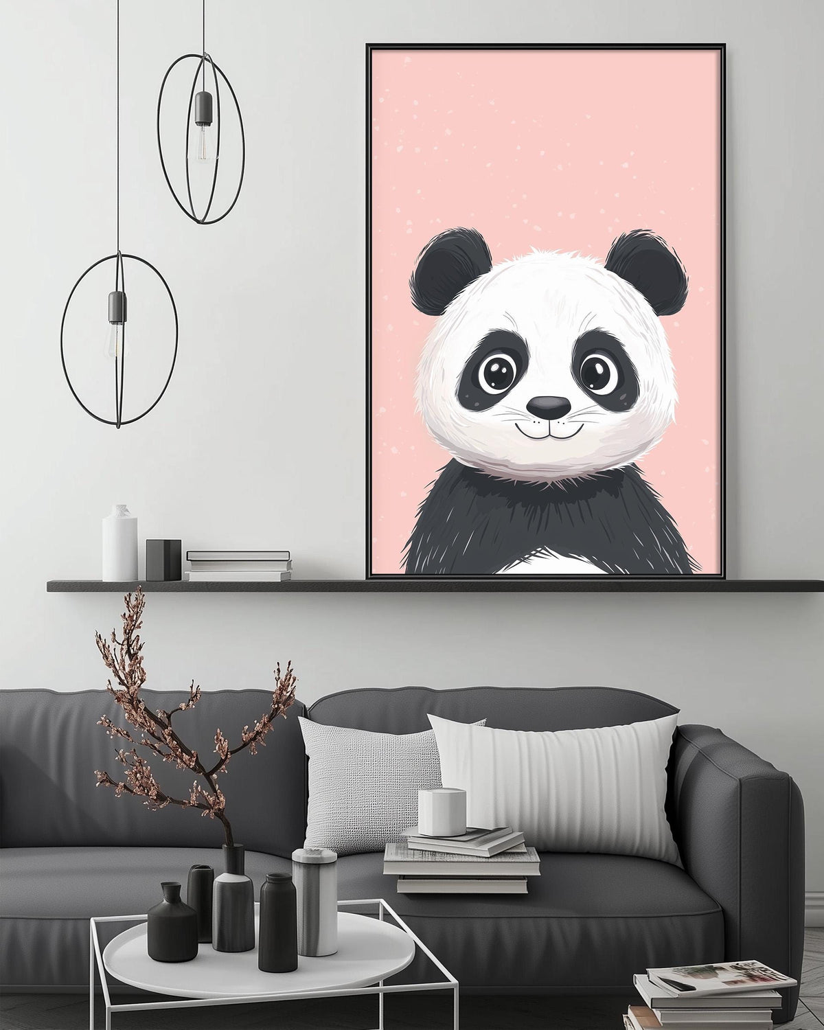 a cozy living room with a gray couch, a coffee table, and a large framed poster of a panda bear on the wall above the couch.