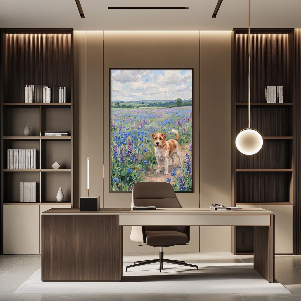 a modern office space with a large painting of a dog in a field of flowers hanging on the wall. The office features a wooden desk, a comfortable chair, and a bookshelf filled with books.