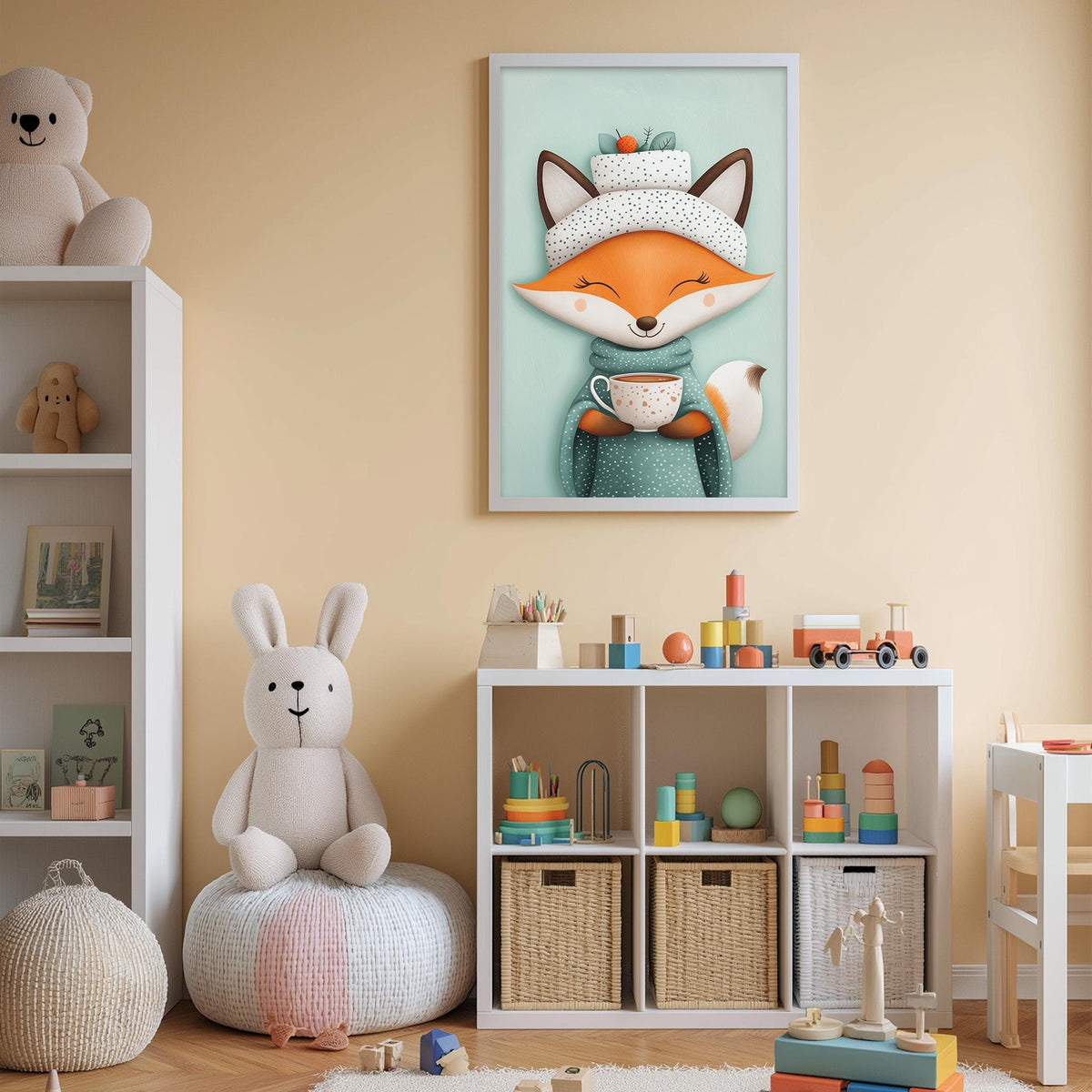 A cozy and colorful children's bedroom with a large framed picture of a fox wearing a hat, a stuffed rabbit, and a cup of tea on a shelf. The room also contains a bookshelf, a toy chest, and various toys and decorations.