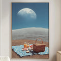 a serene beach scene with a picnic basket, a blue blanket, and a basket of food on the sand, set against a backdrop of a large moon.