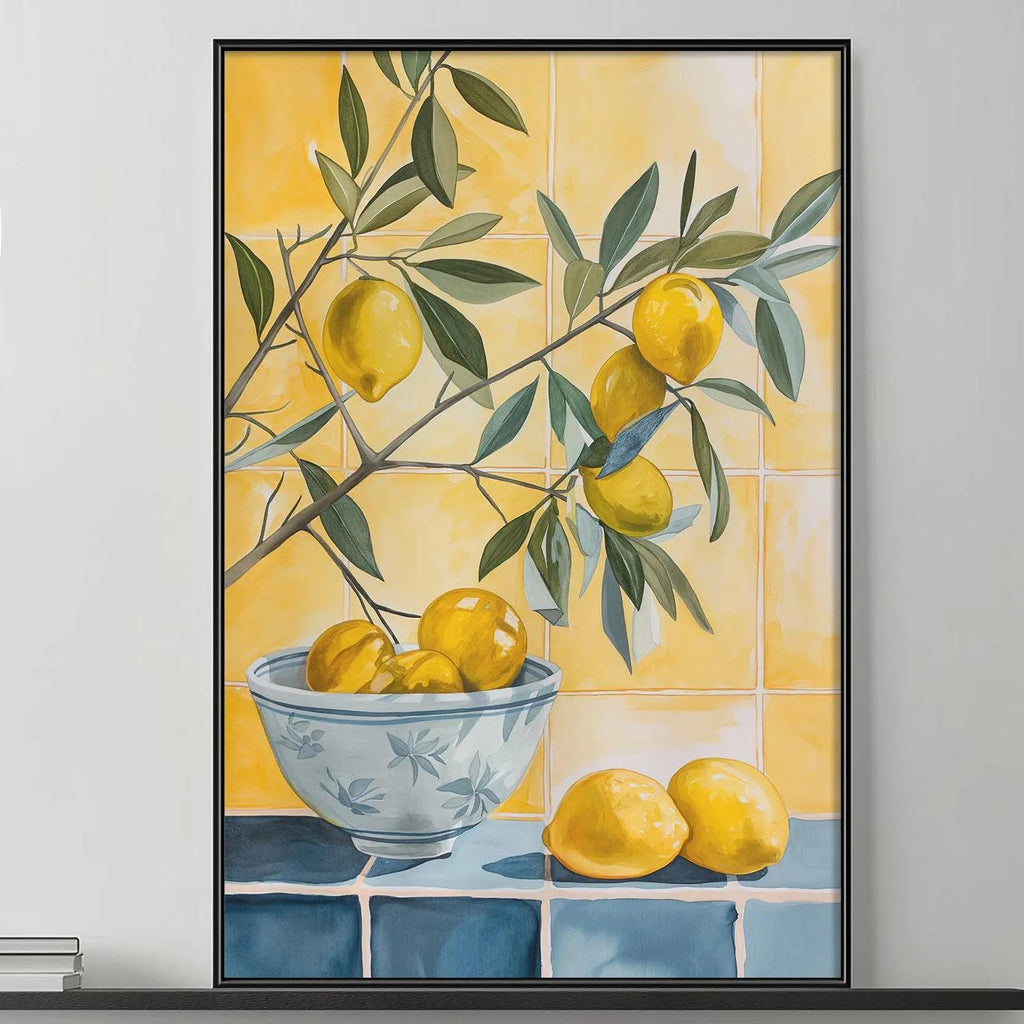 a modern living room with a gray sofa, a coffee table, and a large painting of lemons on the wall above it.