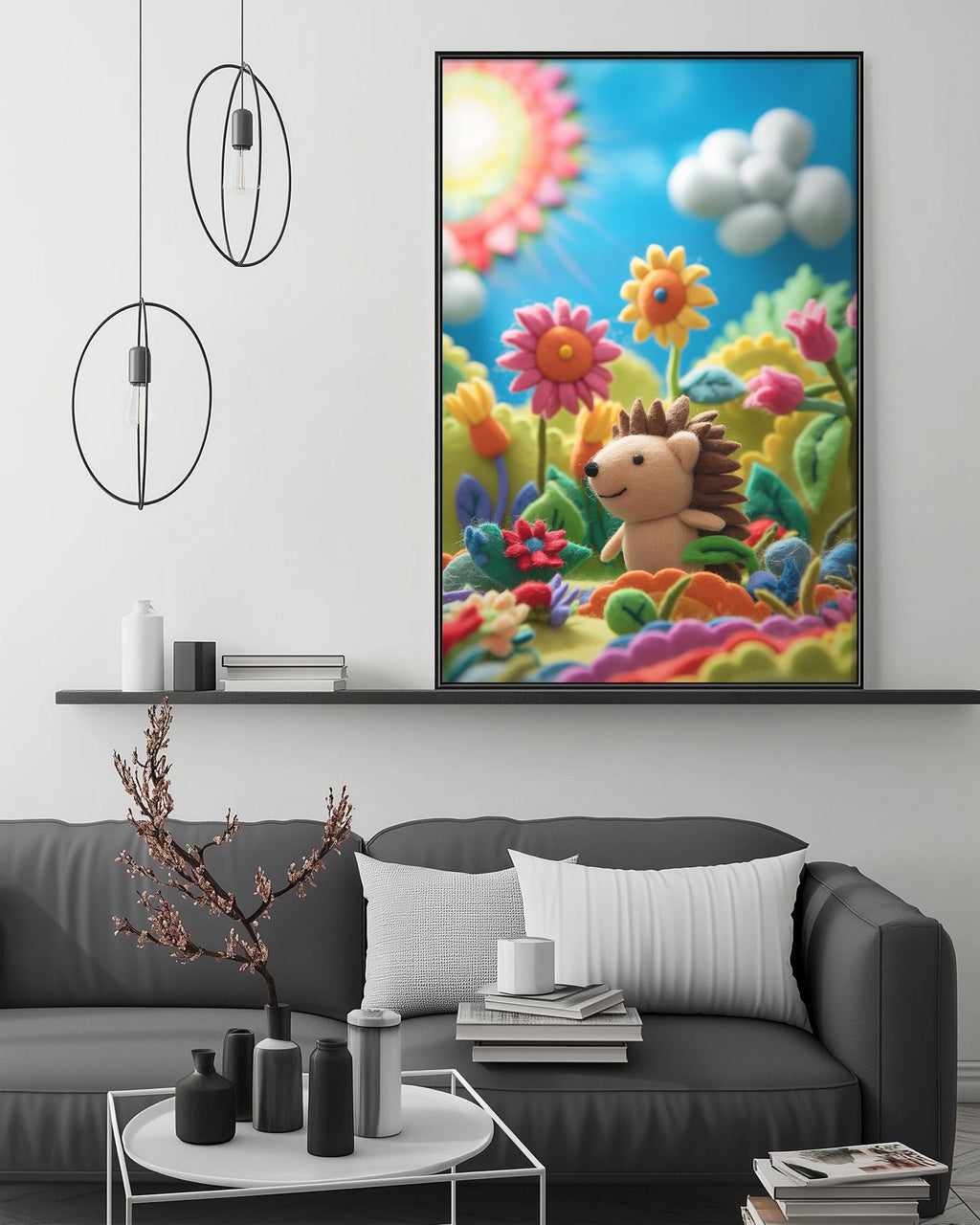 a cozy living room with a gray sofa, a coffee table, and a large framed picture of a hedgehog surrounded by a vibrant garden scene.