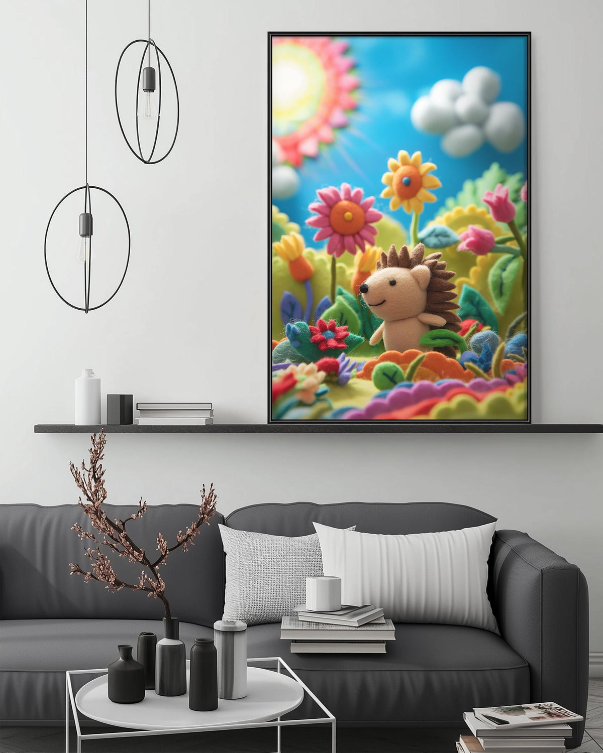 a cozy living room with a gray sofa, a coffee table, and a large framed picture of a hedgehog surrounded by a vibrant garden scene.