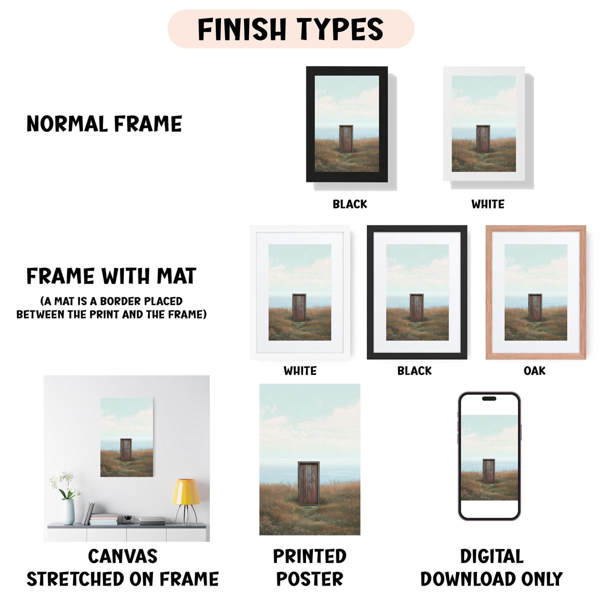 various types of artwork, including a canvas stretched on a frame, a framed poster, and a digital poster. The artwork is presented in different frame colors and styles, such as a normal frame, a black frame, a white frame, and an oak frame. The artwork is displayed in different settings, such as a wall, a shelf, and a table. The image also includes text that provides information about the artwork, such as the finish types and the materials used.