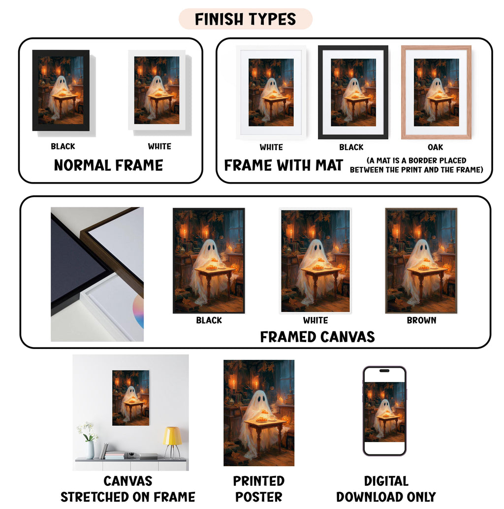 various images of a ghost in different frames and types, including a canvas, a stretched canvas, a framed canvas, a printed poster, and a digital download.