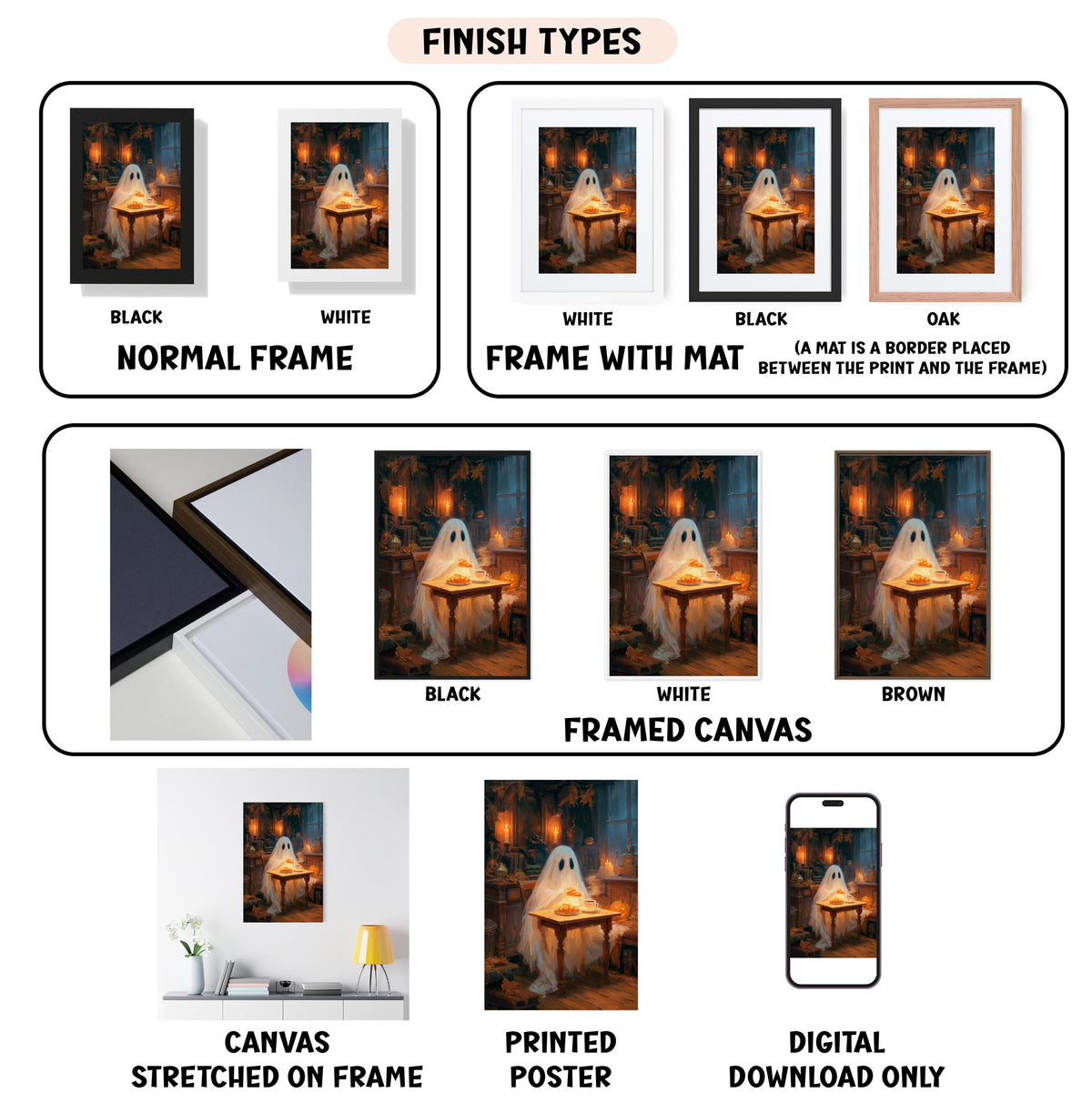 various images of a ghost in different frames and types, including a canvas, a stretched canvas, a framed canvas, a printed poster, and a digital download.