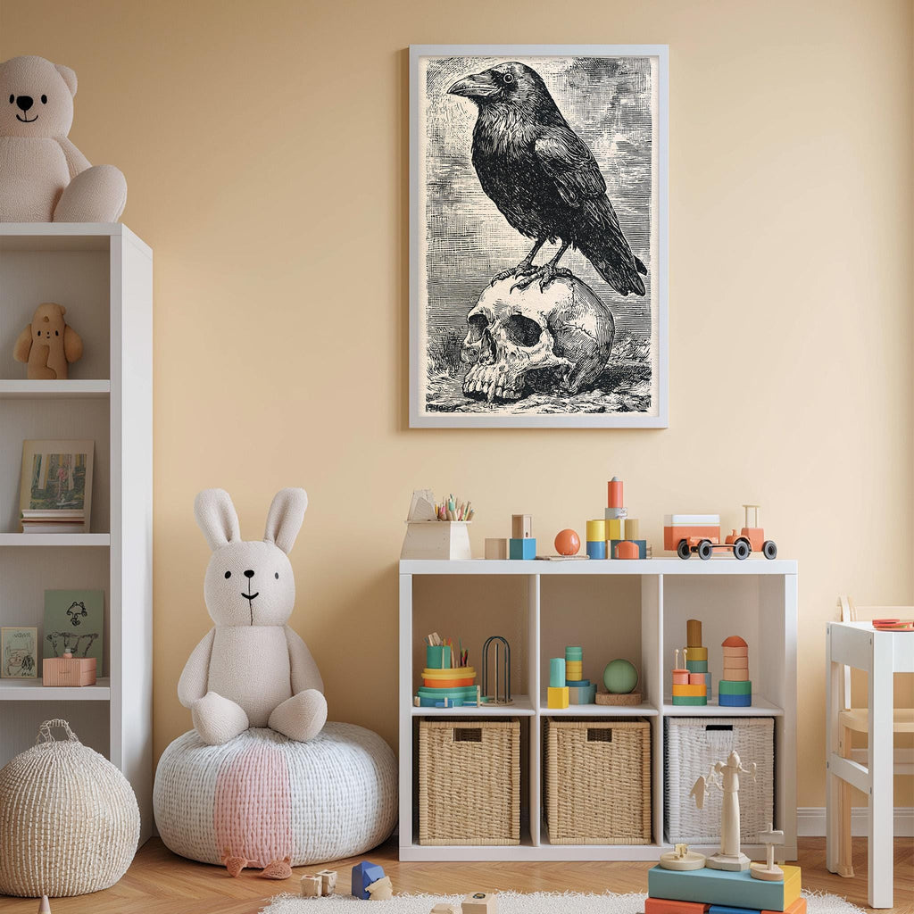 a child's bedroom with a white bookshelf, a stuffed rabbit, a stuffed bear, and a framed illustration of a bird on a skull.