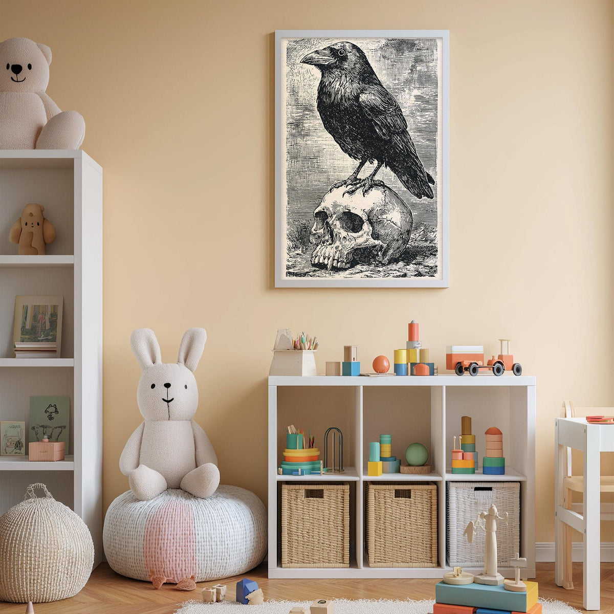 a child's bedroom with a white bookshelf, a stuffed rabbit, a stuffed bear, and a framed illustration of a bird on a skull.