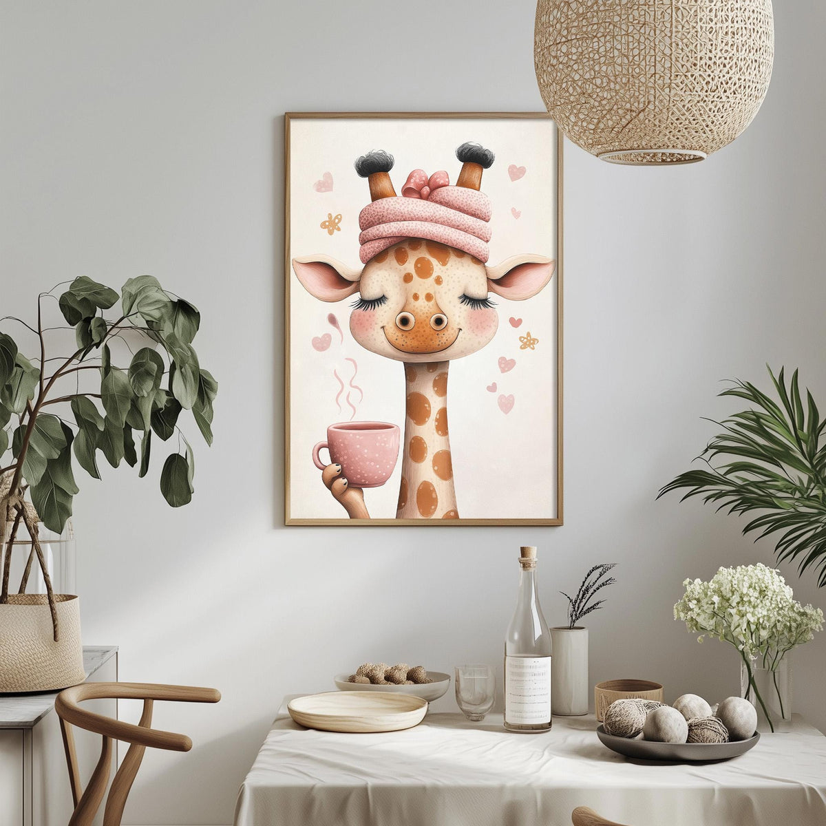 a giraffe wearing a pink hat and holding a cup of coffee, surrounded by various decorative elements such as plants, vases, and a bowl of fruit.