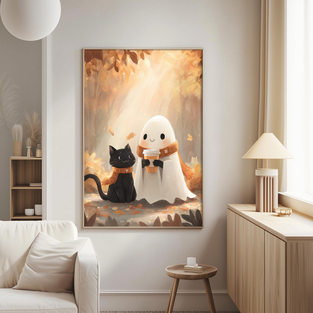 a cozy living room with a large framed picture of a ghost and a black cat on the wall.