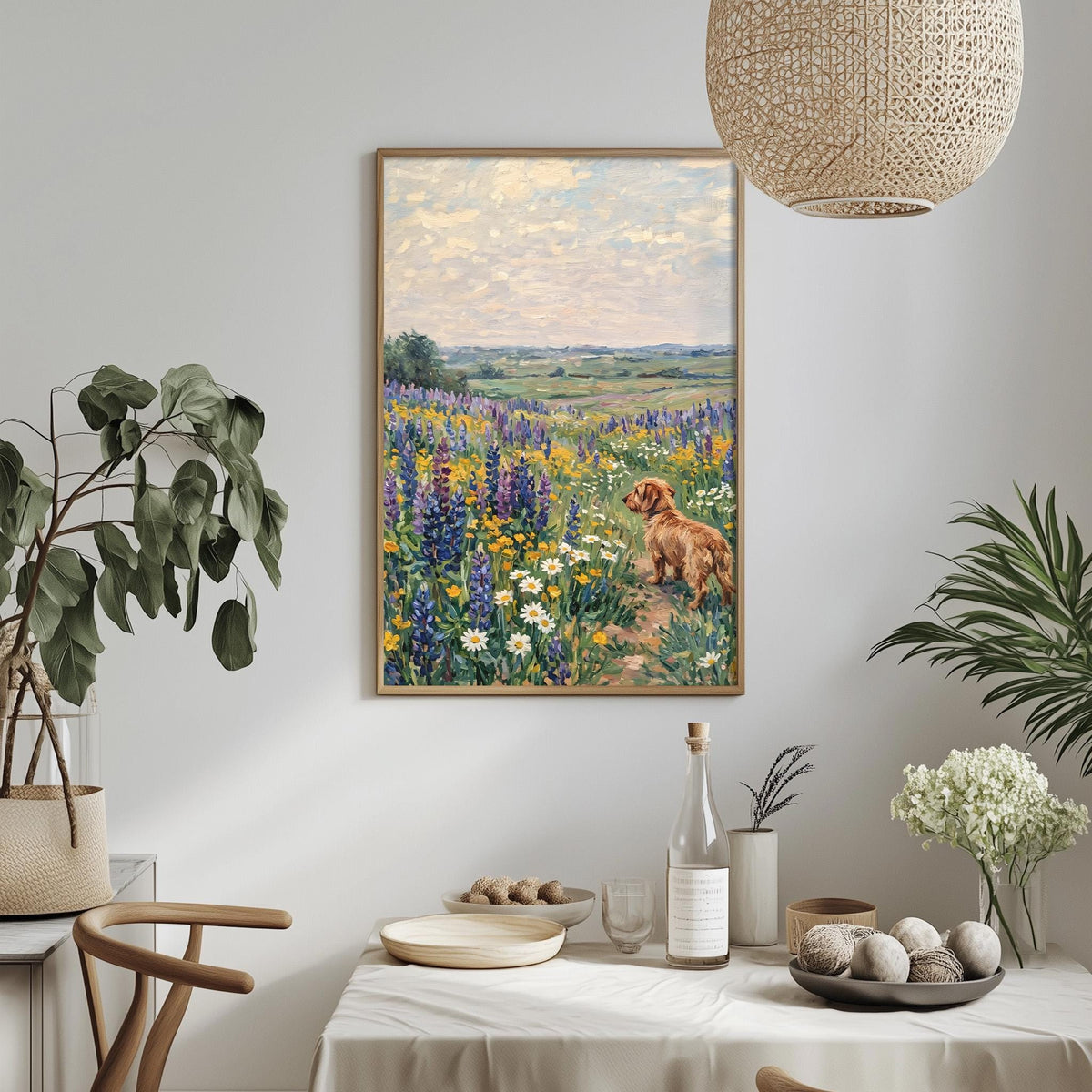 a painting of a dog in a field of flowers, hanging on a wall above a table with various items on it.