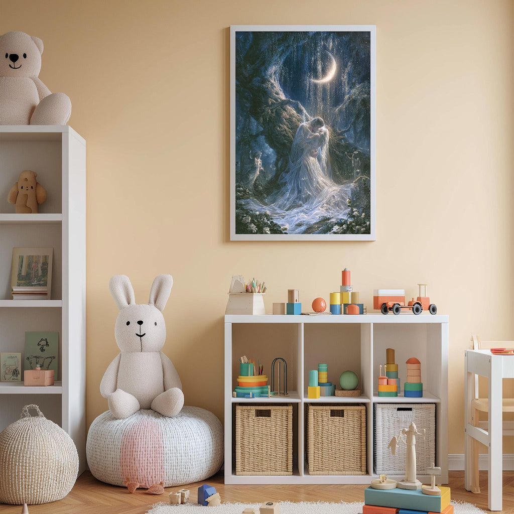 A cozy and colorful children's bedroom with a large stuffed bunny, a bookshelf, and a toy chest filled with toys. The walls are painted a light peach color, and a framed painting of a moonlit forest hangs above the bookshelf.