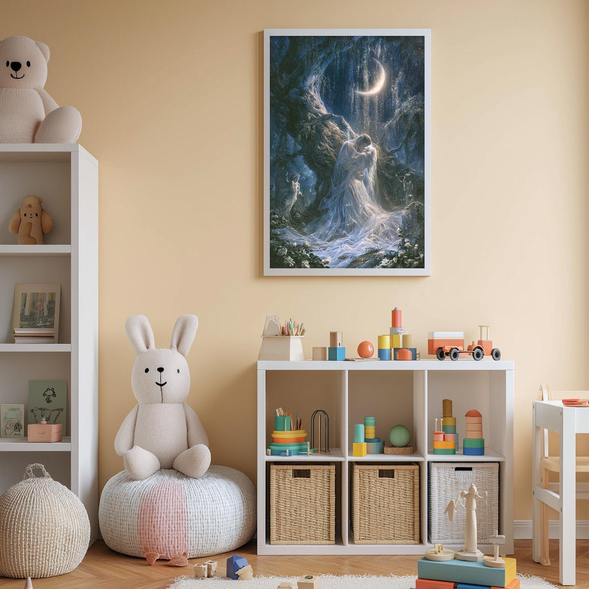 A cozy and colorful children's bedroom with a large stuffed bunny, a bookshelf, and a toy chest filled with toys. The walls are painted a light peach color, and a framed painting of a moonlit forest hangs above the bookshelf.