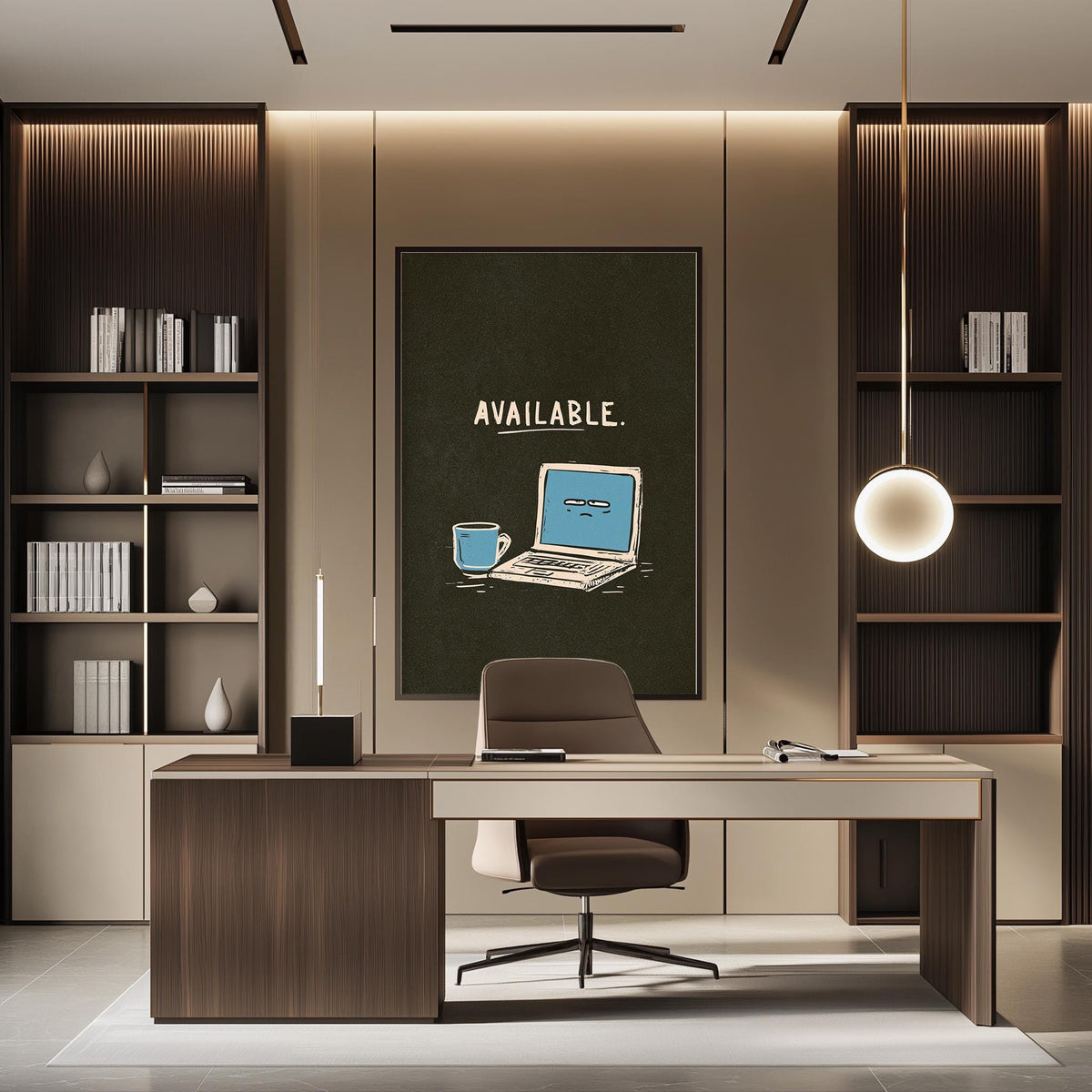 a modern office space with a desk, chair, and bookshelves. A large poster on the wall says "AVAILABLE."