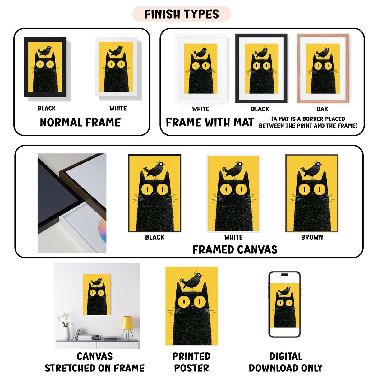various finish types for a framed artwork featuring a cat with a bird on its head. It includes a normal frame, a frame with a mat, a black frame, a white frame, a black frame, a white framed canvas, a stretched canvas, a printed poster, and a digital download only.