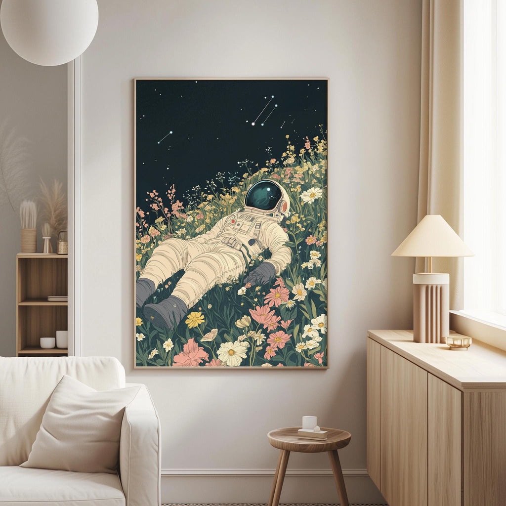a large painting of an astronaut lying in a field of flowers, with a starry night sky in the background.