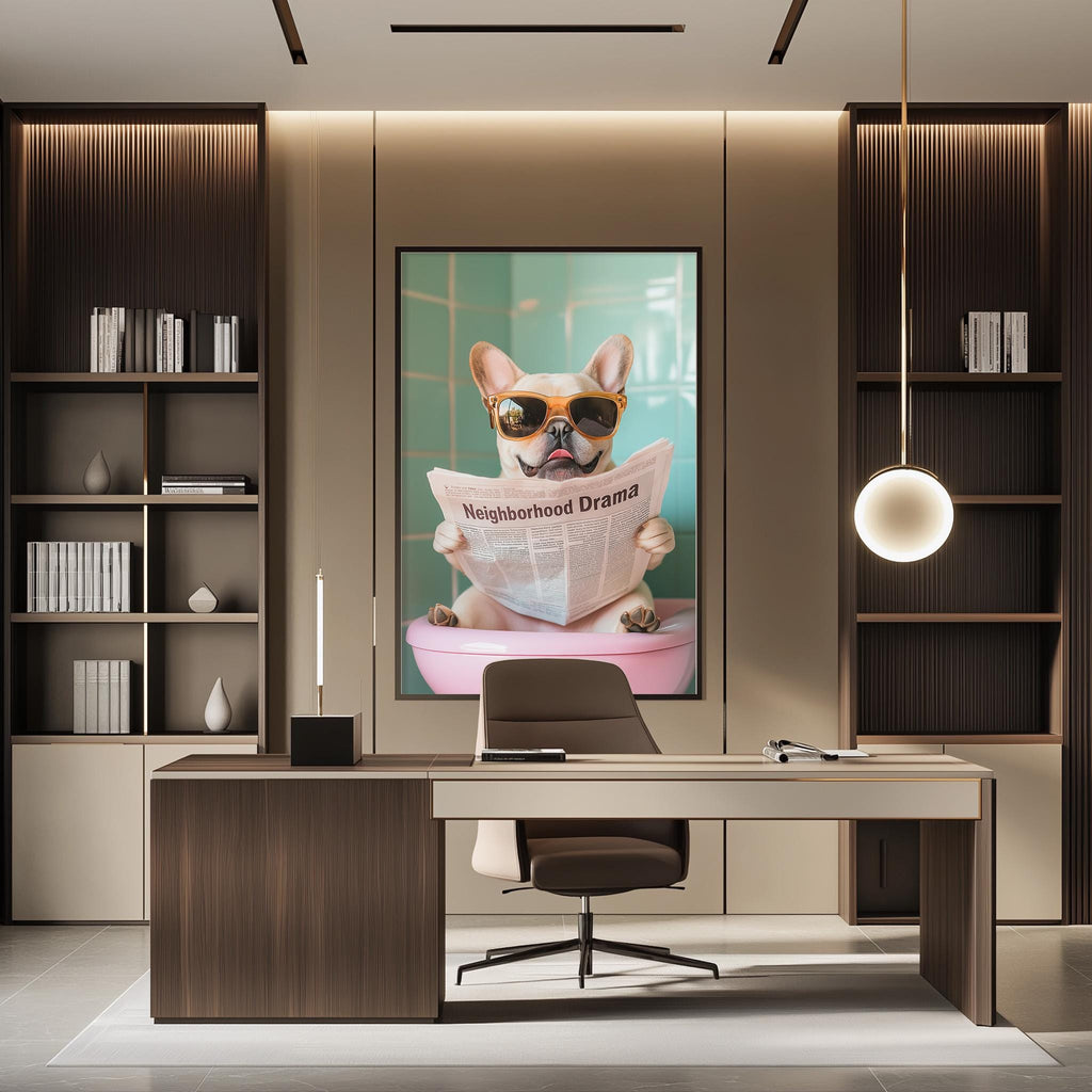 a modern office space with a large framed poster of a dog wearing sunglasses and holding a newspaper, which says "neighborhood drama". The office has a wooden desk, a chair, and a bookshelf.