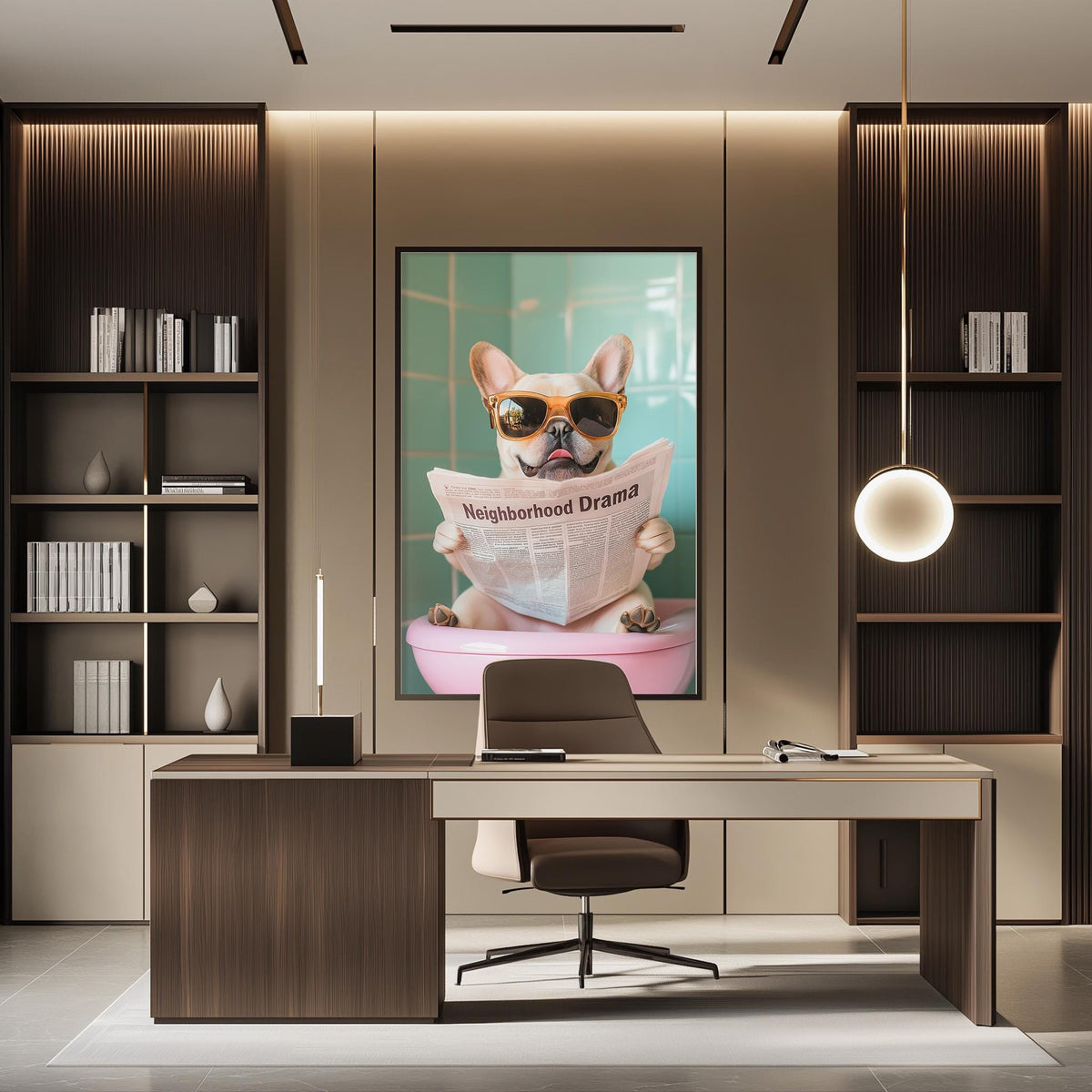 a modern office space with a large framed poster of a dog wearing sunglasses and holding a newspaper, which says "neighborhood drama". The office has a wooden desk, a chair, and a bookshelf.