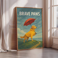 A framed painting depicting a yellow dog standing on a grassy hill, holding an umbrella and wearing a yellow raincoat, with the text "BRAVE PAWS" written above the dog.