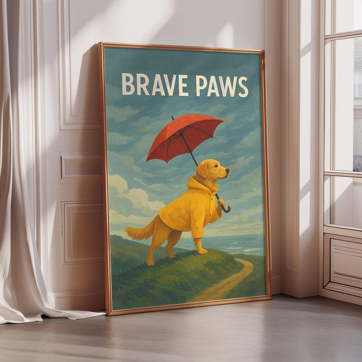 A framed painting depicting a yellow dog standing on a grassy hill, holding an umbrella and wearing a yellow raincoat, with the text "BRAVE PAWS" written above the dog.