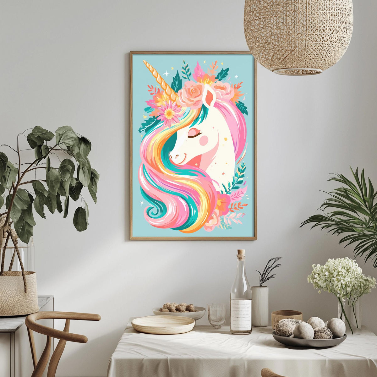 a vibrant and whimsical unicorn painting hanging on a wall, surrounded by various decorative elements such as potted plants, vases, and a table setting.