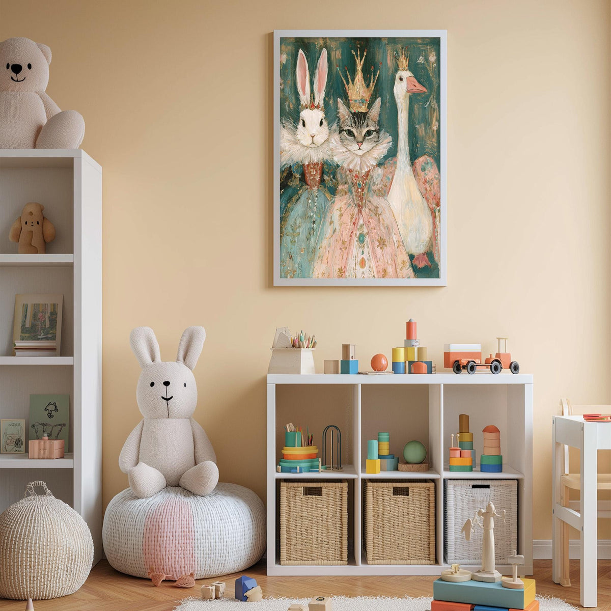A child's bedroom with a white bookshelf, a stuffed rabbit, a stuffed duck, and a framed painting of a rabbit, cat, and duck wearing crowns.
