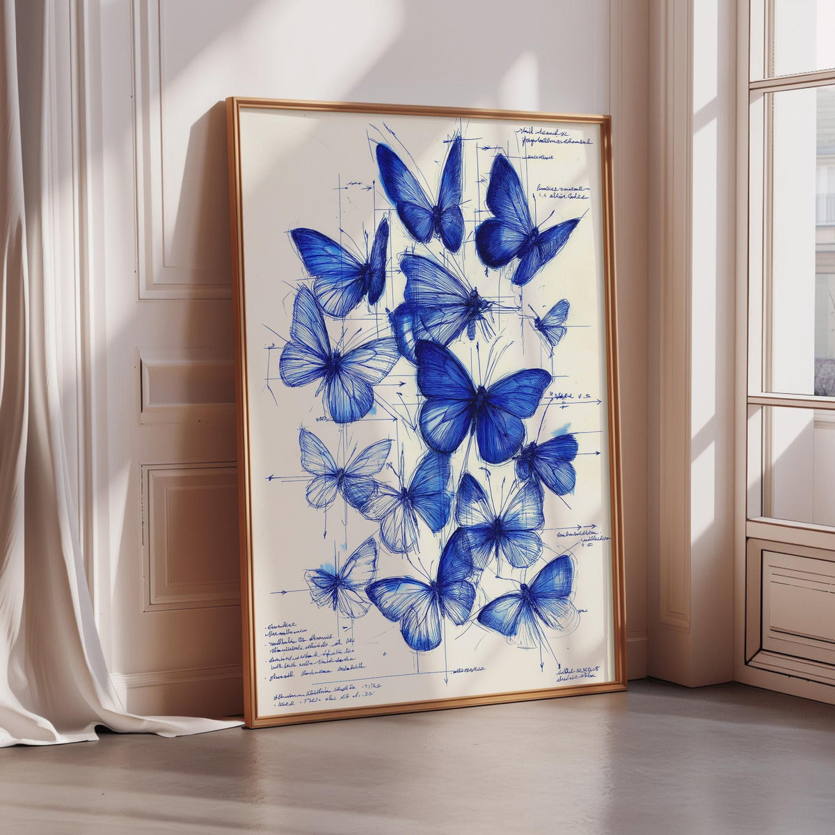 a large framed artwork depicting a collection of blue butterflies.