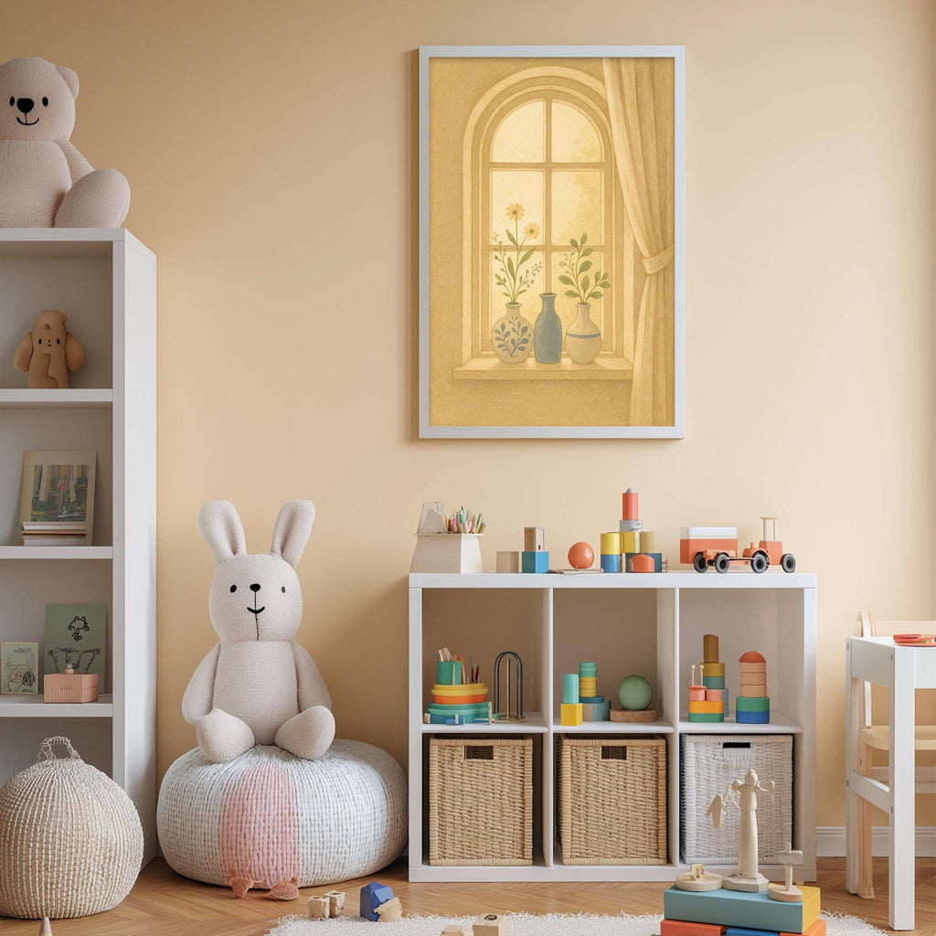 A cozy and colorful children's bedroom with a large window, stuffed animals, and storage bins filled with toys and books.