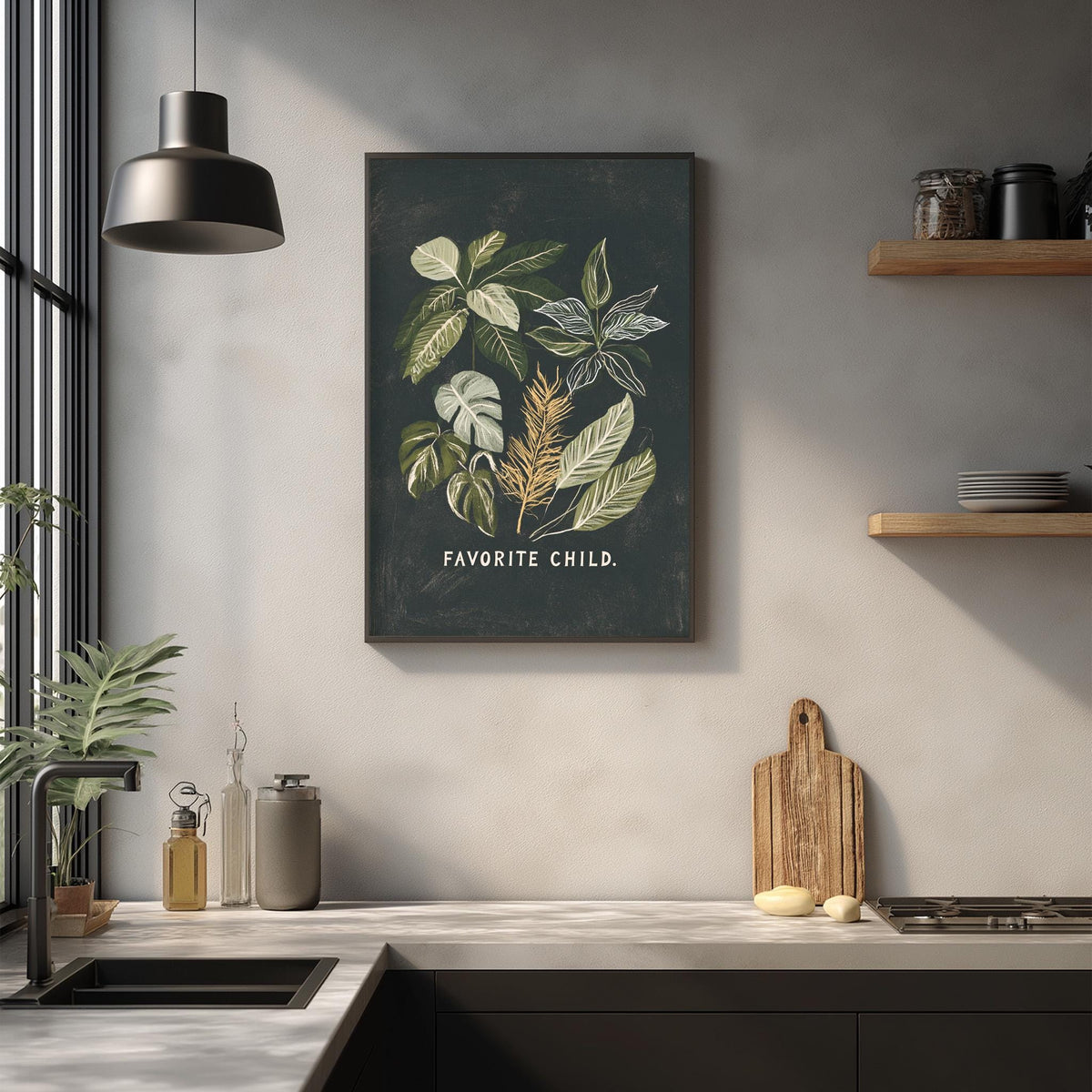a kitchen counter with various kitchen items, including a cutting board, a bottle, and a vase. Above the counter, there is a framed print with a plant illustration and the text "Favorite CHILD."