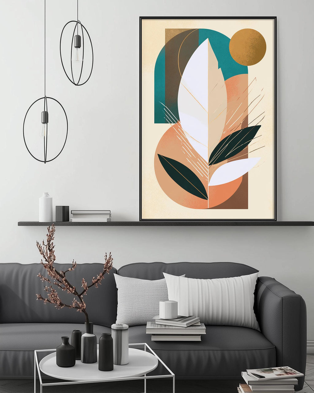 a modern living room with a gray sofa, a coffee table, and a large abstract painting hanging on the wall above the sofa.