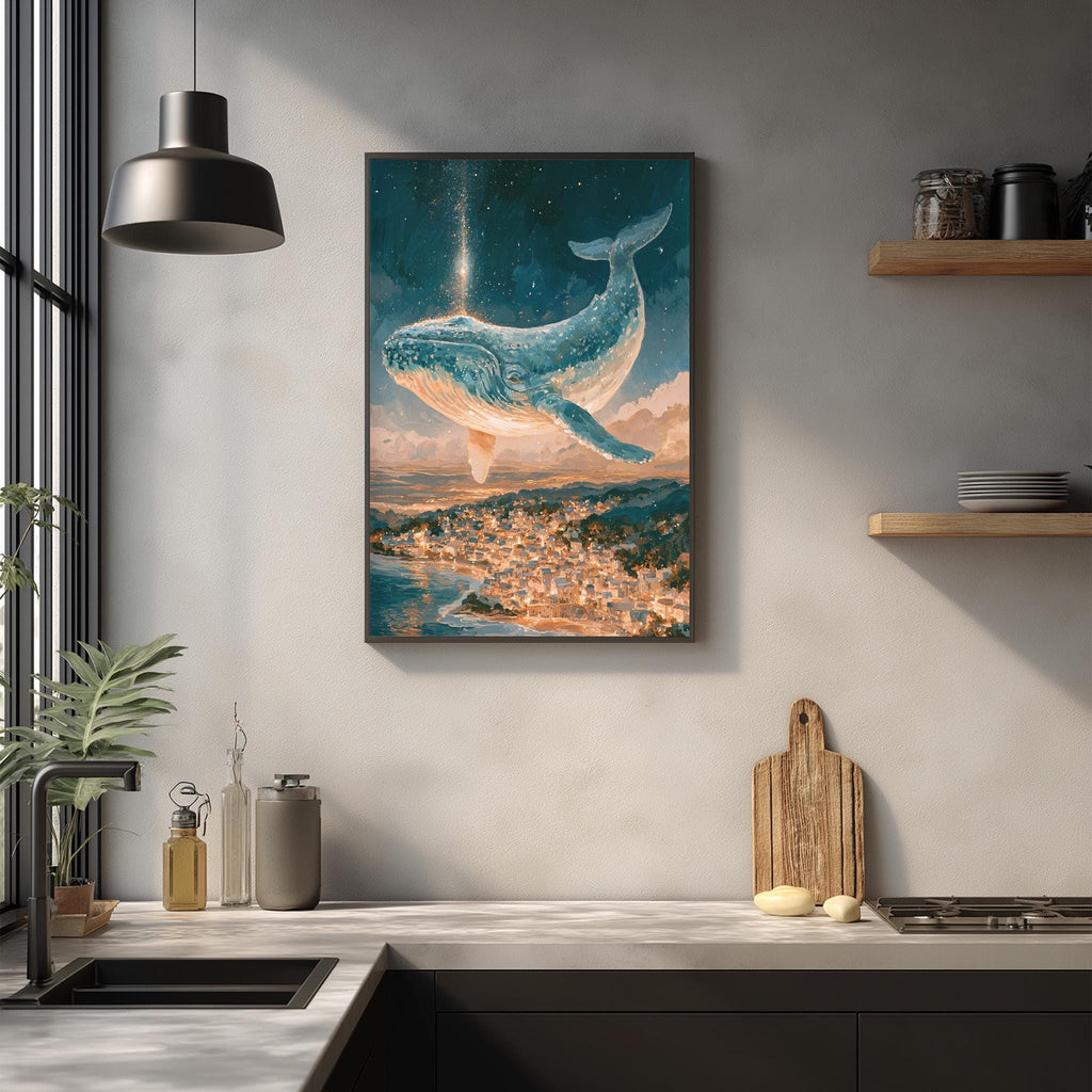 a large painting of a blue whale floating in a starry sky above a cityscape, hanging on a wall above a kitchen counter.