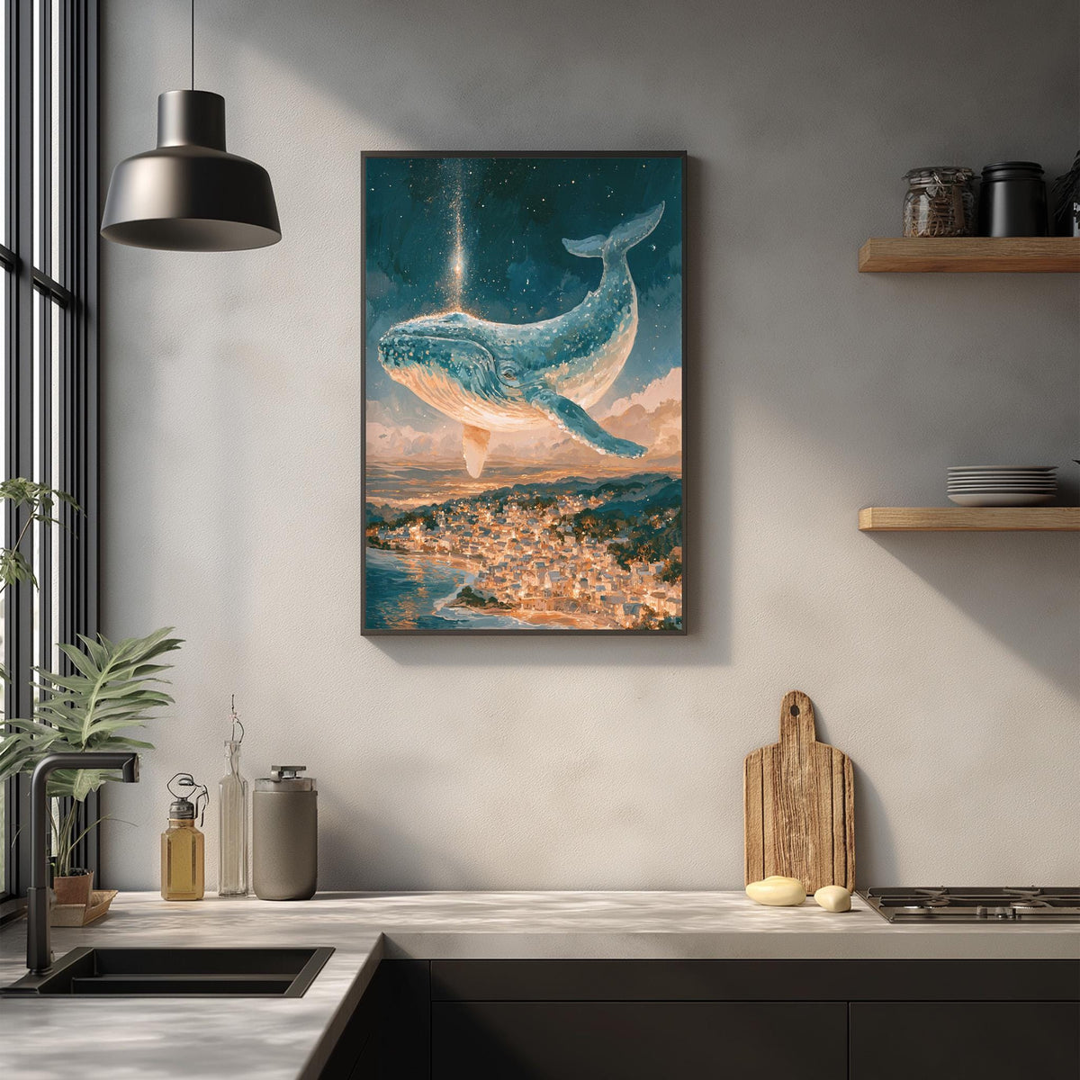 a large painting of a blue whale floating in a starry sky above a cityscape, hanging on a wall above a kitchen counter.