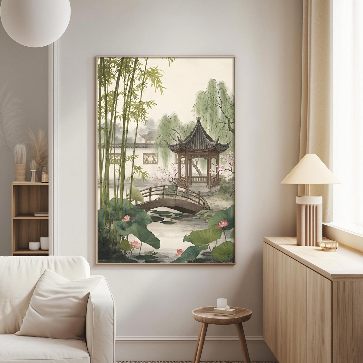 a serene and tranquil living room with a large painting of a bamboo forest and a traditional Chinese pavilion hanging on the wall. The painting is surrounded by a white frame, and the room is decorated with a white sofa, a wooden side table, and a lamp.