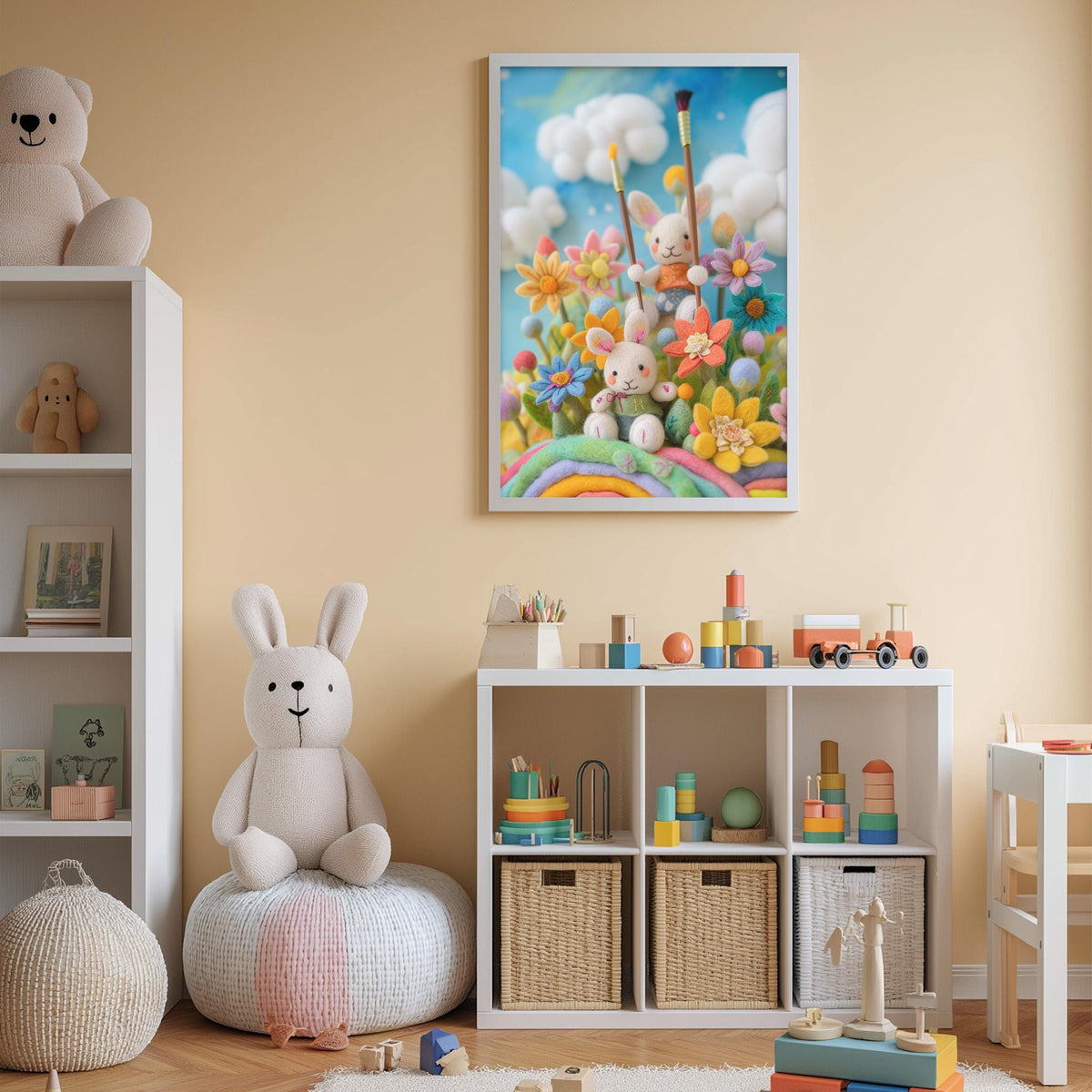 A cozy children's room with a large stuffed bunny, a colorful toy shelf, and a framed painting of a whimsical garden scene.