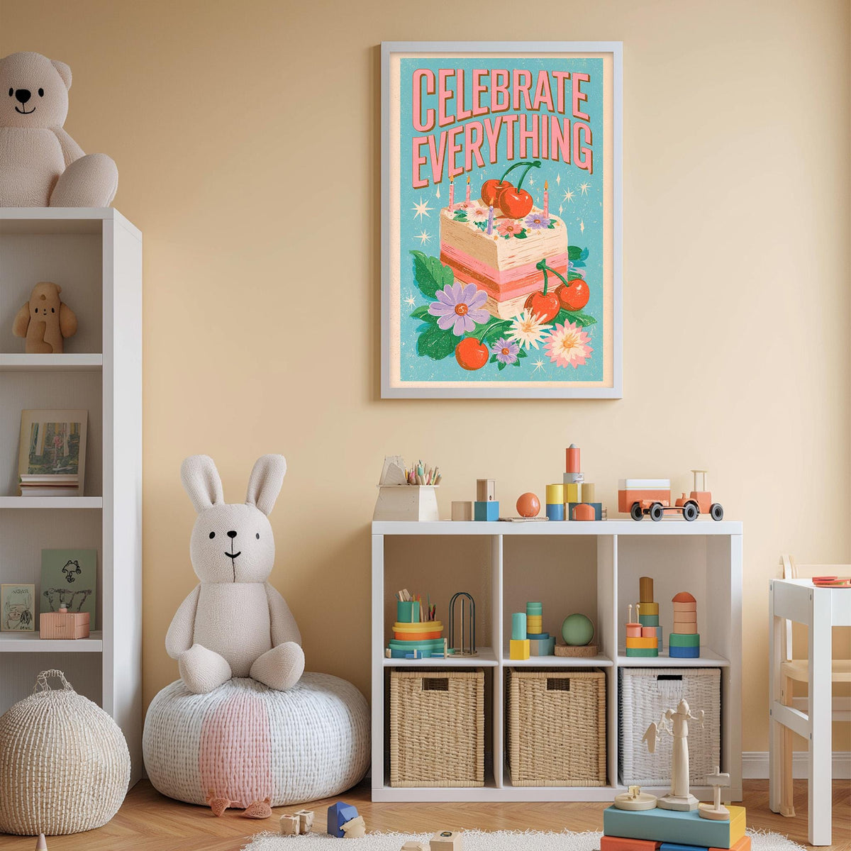 A child's bedroom with a white bookshelf, a stuffed rabbit, a toy train, and a colorful poster on the wall.