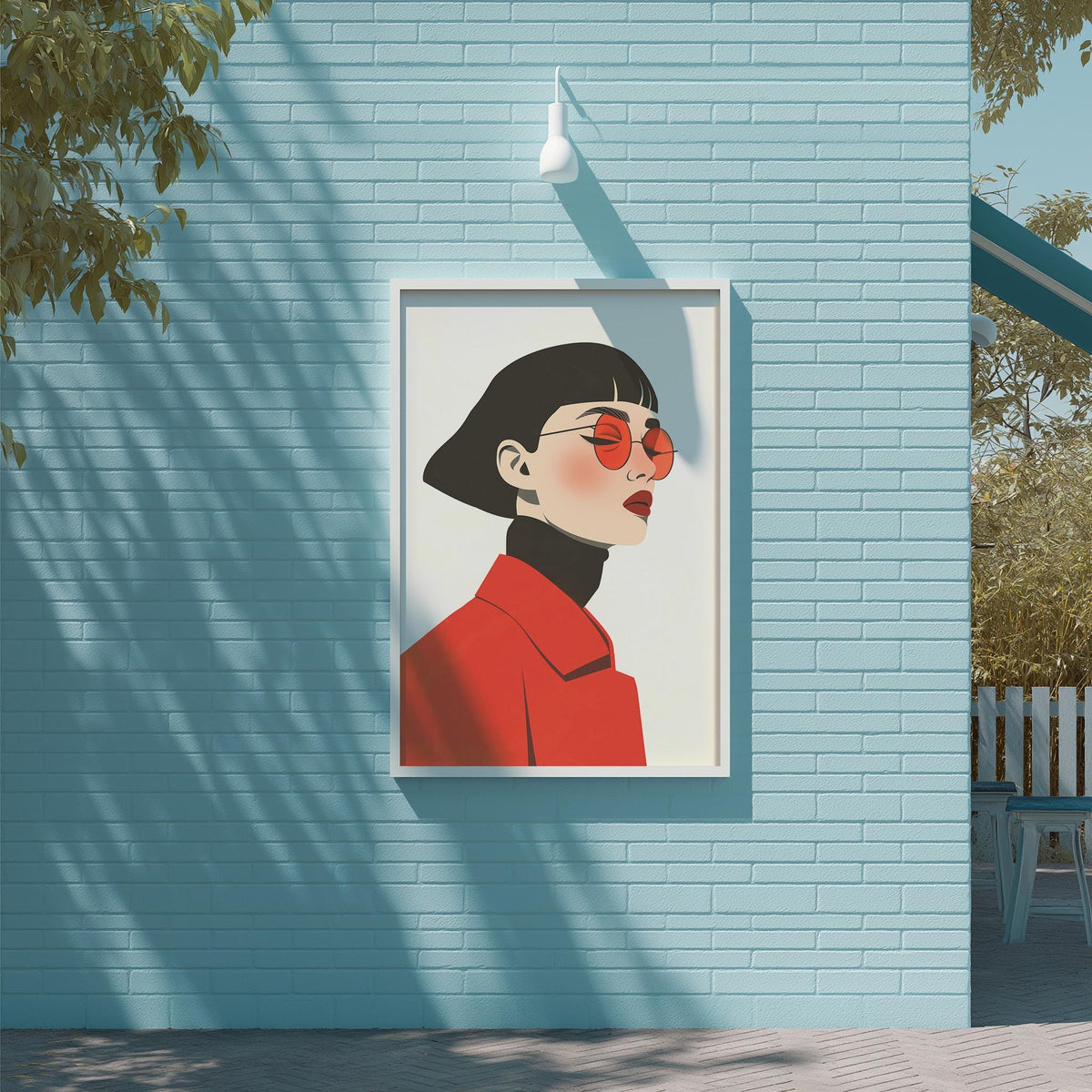 a framed illustration of a woman wearing a red jacket and sunglasses, displayed on a blue wall.