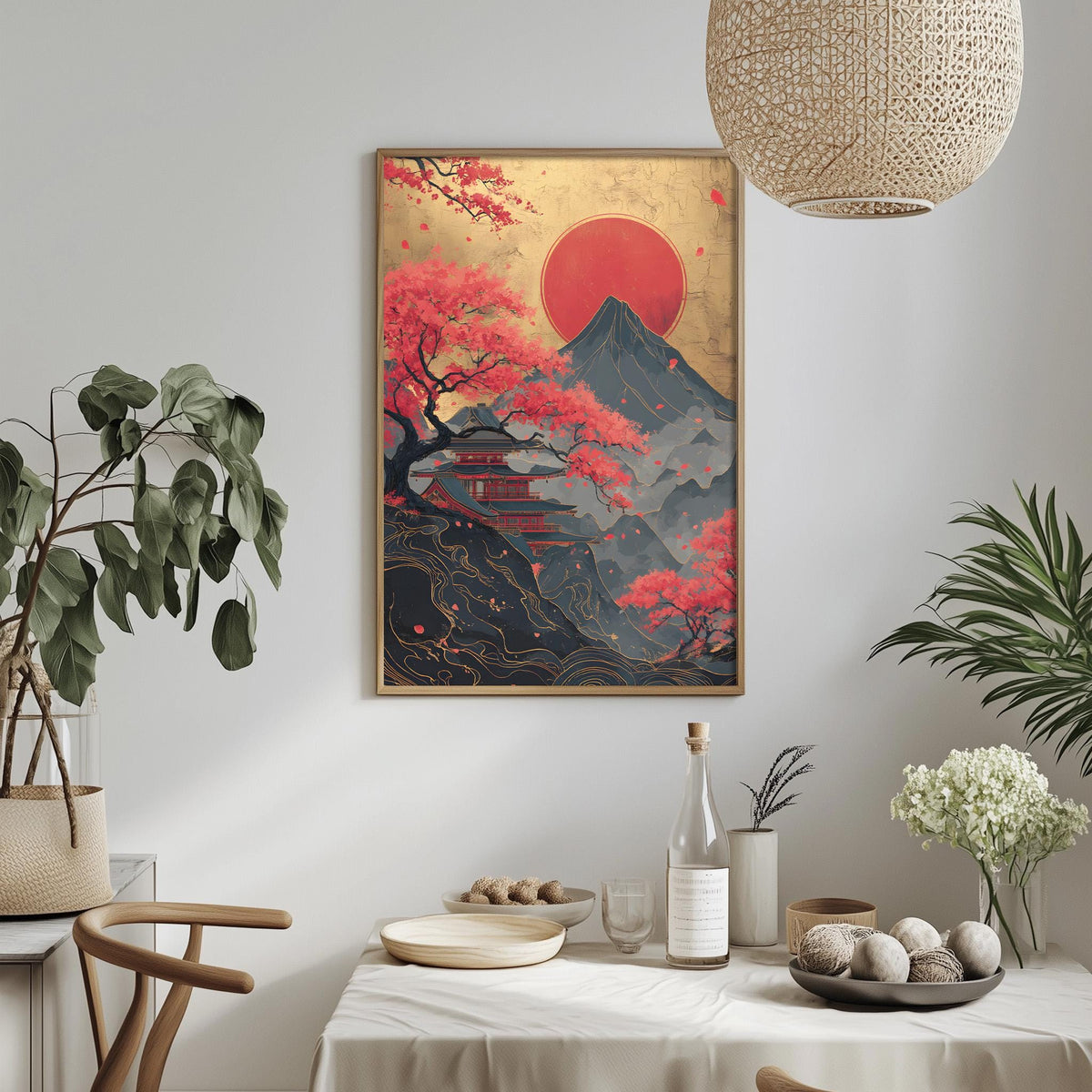 a dining table with a white tablecloth, a bowl of fruit, a bottle, and a vase with flowers. Above the table, there is a framed painting depicting a serene landscape with a mountain, trees, and a red sun.