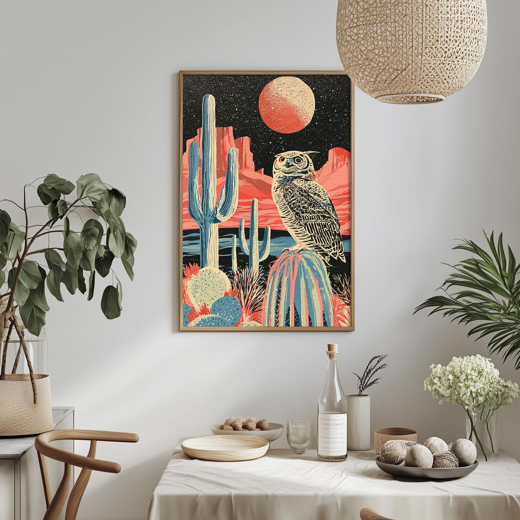 a vibrant desert scene with a cactus, a bird, and a large moon in the night sky. The cactus has a mix of green and blue colors, and the bird is perched on a rock. The moon is a bright red color. The scene is set against a white wall, and there are potted plants and a table with a bowl of fruit on it.