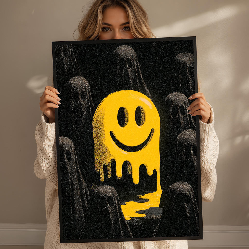 A woman is holding up a framed artwork featuring a large yellow smiley face surrounded by black ghostly figures.