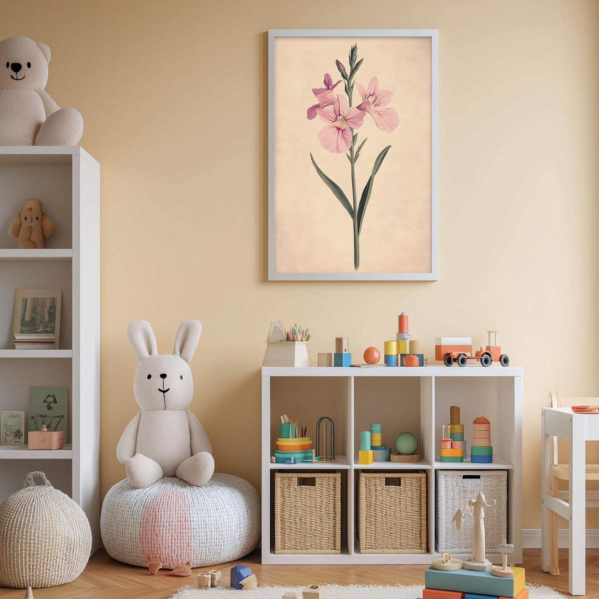 A cozy and colorful children's playroom with a white bookshelf, a plush bunny, and a framed flower painting on the wall.