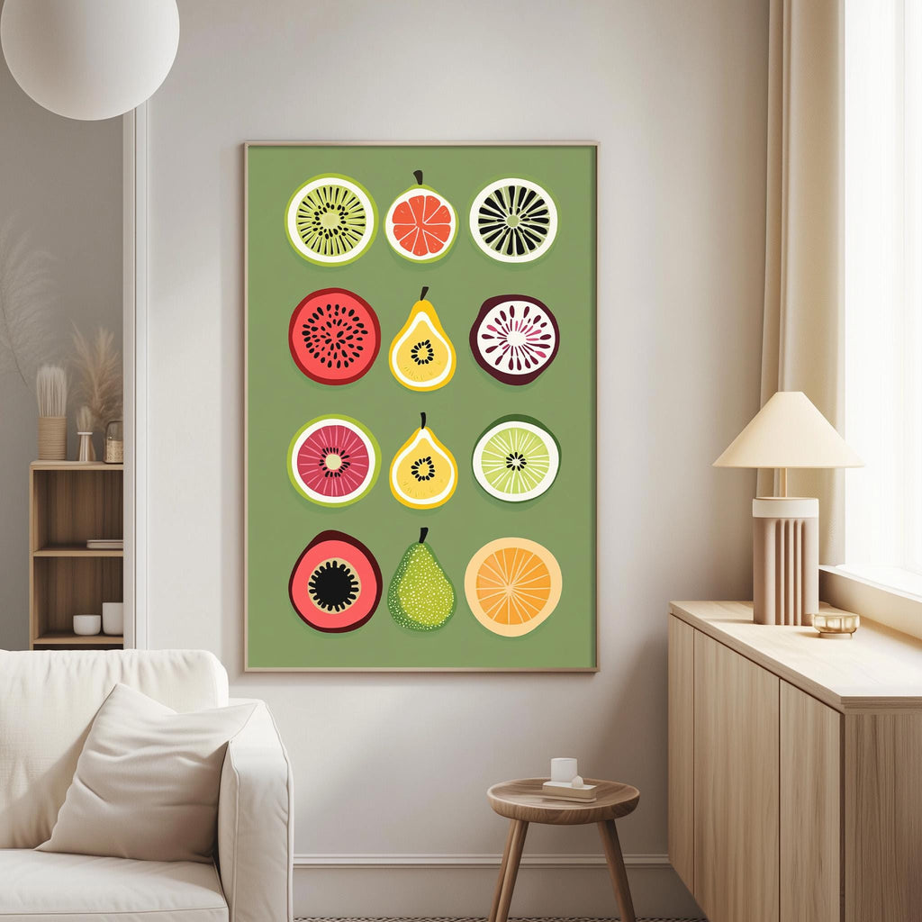 a vibrant and colorful abstract art piece depicting various fruits, including watermelon, pear, kiwi, and orange, arranged in a grid-like pattern on a green background.