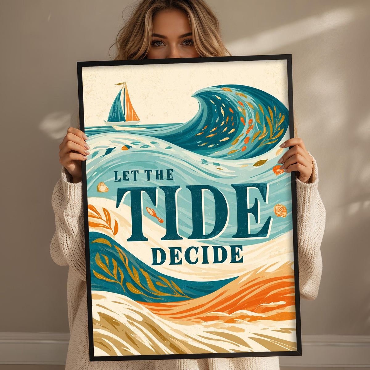 A woman holding a framed poster with a colorful illustration of a sailboat and waves, along with the text "Let the tide decide".