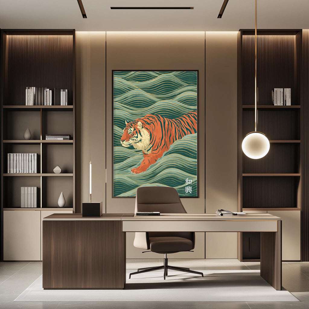 a modern office space with a large tiger painting on the wall, a wooden desk, and a comfortable-looking chair.