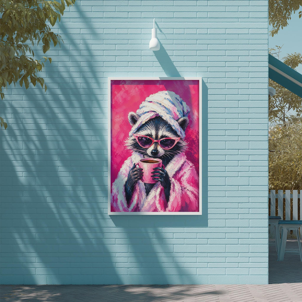 A raccoon wearing a pink robe and sunglasses is depicted in a framed painting, mounted on a blue wall.