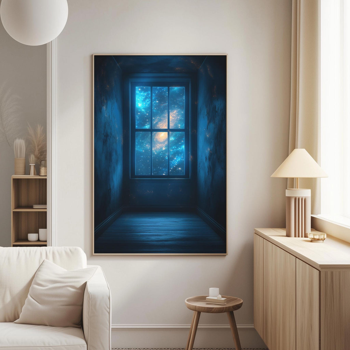 a serene living room with a large window that offers a view of a starry night sky. The window is framed in a dark blue color, creating a striking contrast against the white walls. The room is furnished with a white sofa and a wooden side table, adding a touch of warmth to the space. A lamp is also present in the room, providing additional lighting. The overall atmosphere of the room is calm and peaceful, with the starry night sky visible through the window.